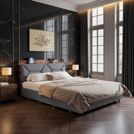 Lit double 160x200 cm,Lit Adulte coffre style industriel,4 grands tiroirs, Tête de lit inclinée, Ports Type-C/USB, Tissu en lin gris (1/5)