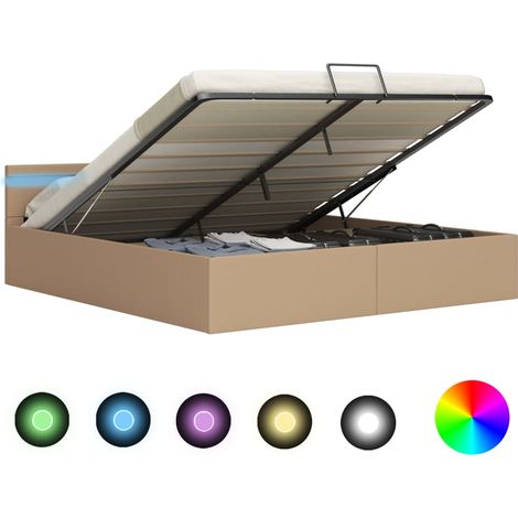 Lit adulte pour 2 personnes, Structure de lit, Assemblage Facile, à rangement et LED Cappuccino Similicuir 160x200cm OIB6398E (1/5)
