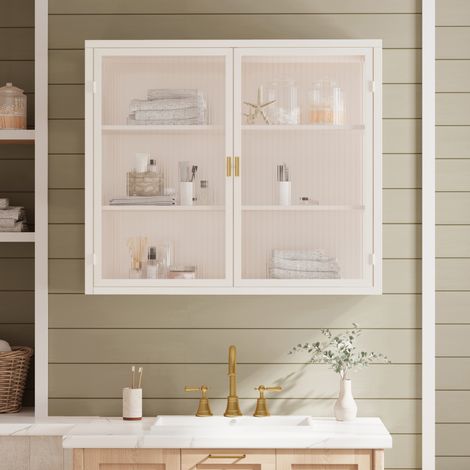 Armoire Murale Meuble Suspendu 2 Portes Verre Trempé Métal Rangement 3 Niveaux Blanc 70 x 23 x 60 cm (1/5)