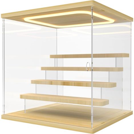 Vitrine Acrylique avec LED pour Collection, 5 Niveaux Plexiglas Vitrine Transparente avec Porte et Marches, Boite Presentoir Anti-Poussière pour Figurines, Couleur Bois (1/5)