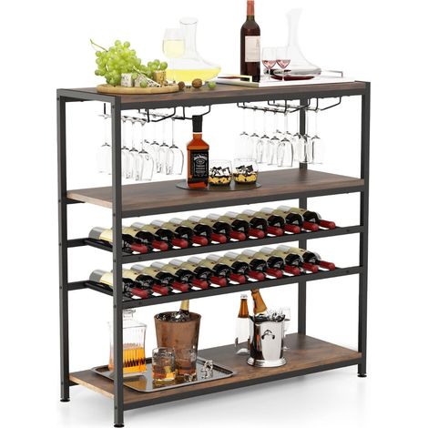 Portabottiglie con capacità di 22 bottiglie 100 x 35 x 101 cm con sistema antiribaltamento stile industriale legno marrone rustico 200020044