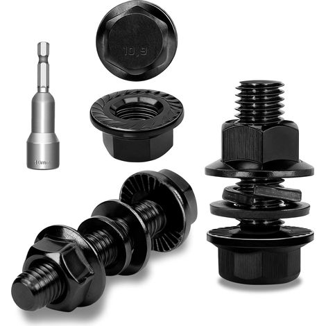 Lot de 12 vis à tête hexagonale M8 x 16 mm - En acier au carbone noir - DIN 6921 - Rondelles élastiques et écrous - Assortiment de vis avec douille hexagonale (1/5)