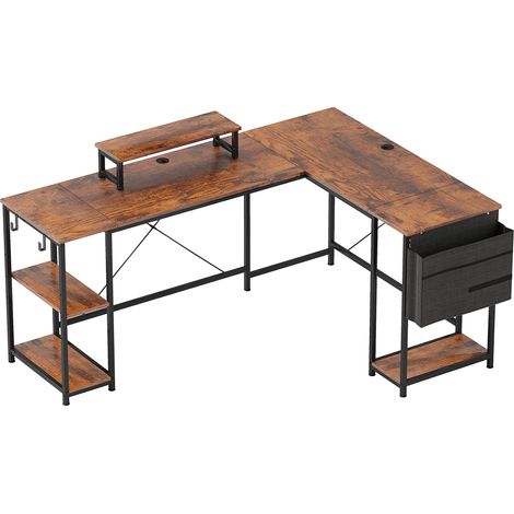 Bureau d’angle L réversible avec étagères, support écran 42 pouces, poche de rangement, 2 passe-câbles, structure métal et plateau bois, 168/240 cm – CHICFURN (1/5)