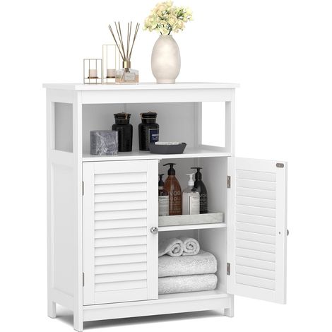 GOPLUS Armadietto da Terra, Credenza da Bagno in Legno con Ante a Battente e 3 Ripiani, Moderno e Spazioso per Soggiorno/Cucina/Ingresso, 60 x 30 x 80 cm (Bianco)