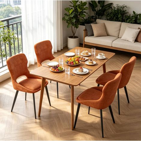 Set de 4 sillas tapizadas de chenilla naranja con estructura metálica y reposabrazos (1/5)