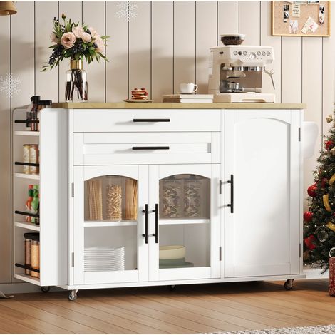 REDOM - Isla de cocina 138x70x90 cm, tablero abatible, 5 ruedas con bloqueo, varios almacenajes, MDF natural y blanco (1/5)