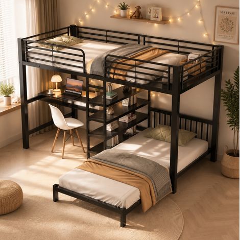 Letto a soppalco 250x205x168 cm nero in metallo e MDF con 2 posti, scrivania e ripiani (1/5)