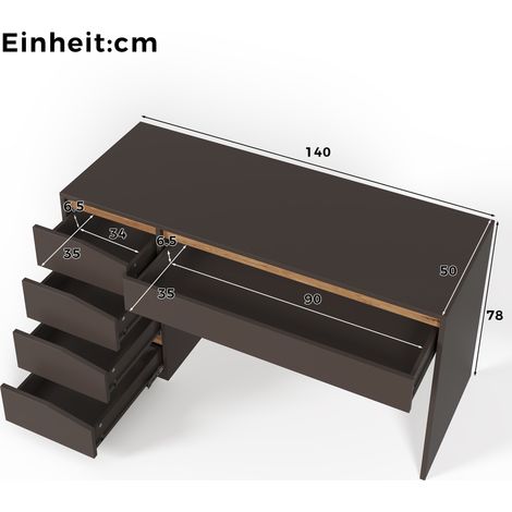 Bureau 140x50 cm 5 tiroirs, gris finition chêne, table ordinateur moderne grand plan travail, coiffeuse rangement, home office chambre bureau, coloris gris et chêne (1/5)