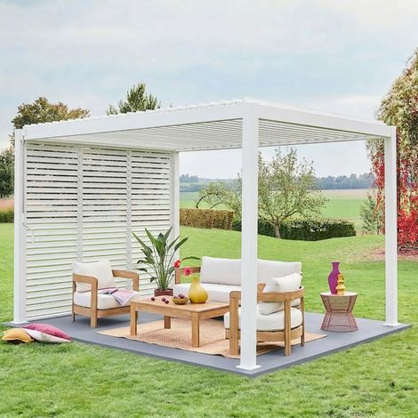 Pergola bioclimatique Triomphe 3x4 + 3 persiennes 100cm pour le côté de 3m. panneau brise vue. L 400 x P 300 x H 250 cm (1/5)