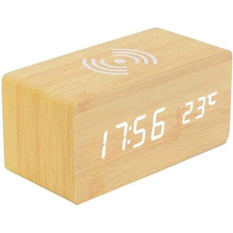 1 Réveil Numérique Bois, Thermomètre Intégré + Chargeur Sans Fil Qi pour iPhone Samsung, Design Élégant en Bois Naturel pour Chambre et Bureau (1/4)