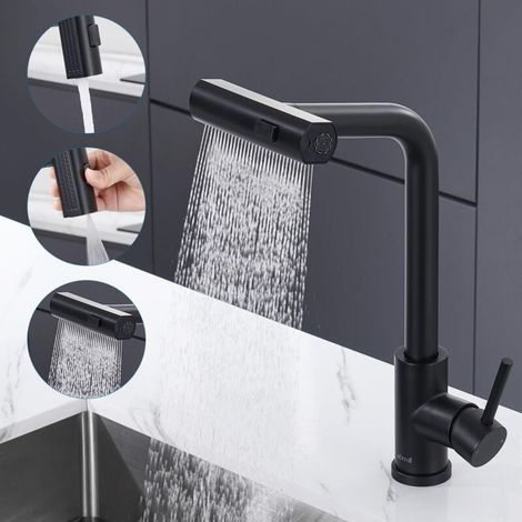 Mitigeur Cuisine Extractible Noir Douchette 3 Vitesses Eau Réglable Robinet Évier Acier Inoxydable Rotatif 360° (1/4)