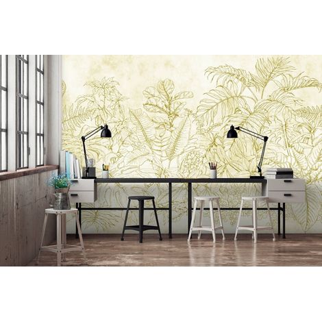 Papier peint panoramique plafond jaune or tendance | Tapisserie panoramique chambre mansardée vintage | Papier peint panoramique nature à motif floral - 270 x 500 cm (5 pièces) (1/5)