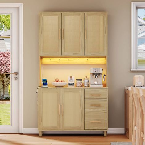 Buffet de cuisine 183 cm avec éclairage led, prises usb, tiroirs et étagères réglables, poignées dorées (1/5)