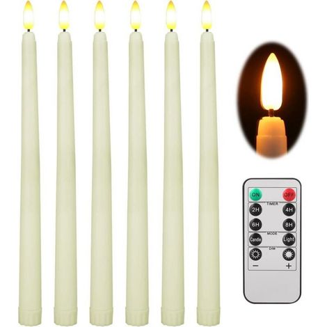 Bougies coniques LED sans flamme, lot de 6, avec télécommande à 10 touches, fonctionnant sur piles, couleur ivoire, mèche 3D de 28 cm, idéales pour décorer votre maison, votre intérieur, Noël ou un ma (1/5)