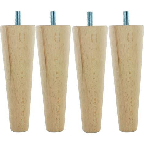 CIME Lot de 4 pieds de meuble conique fixes hêtre brut blanc/beige, 15cm (1/2)