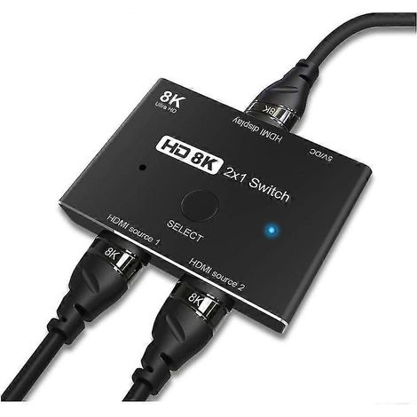 Commutateur de direction HDMI 2.1, Ultra HD 8K haute vitesse 48 Gbit/s, 2 entrées, 1 sortie, convertisseur/répartiteur 8K à 60 Hz vers 4K à 120 Hz, compatible avec Xbox, PS5, projecteurs et moniteurs. (1/5)