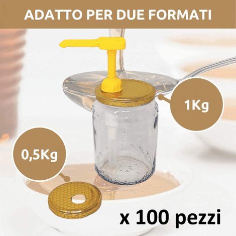 100 PZ ApiCor Kit Dispenser Dosatore Per Miele 2 Capsule Adattabili Per Vaso Miele 1 Kg. E 1/2 Kg. Tappi Alveare (1/2)