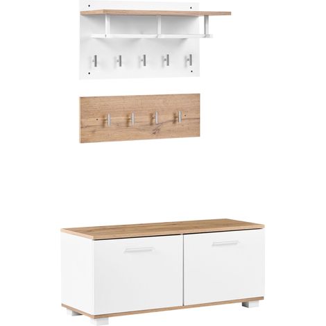 Hallway Set White and Light Brown MDF Hall Tree Storage Unit with Shoe Storage Cabinet and Coat Hooks ESTEVAN