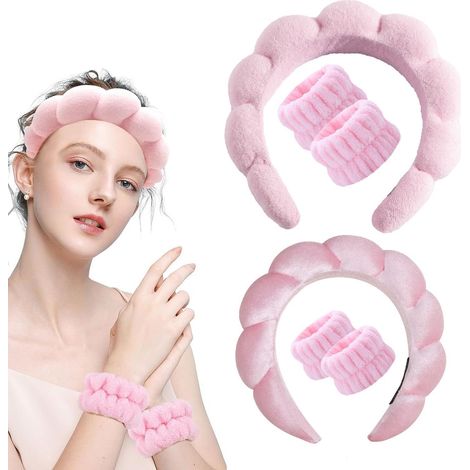 6-teiliges Set mit Stirnband und Armband – Weiches Material – Rutschfest – Für Gesichtsreinigung, Make-up und Hautpflege – Haaraccessoire für Damen (Rosa)
