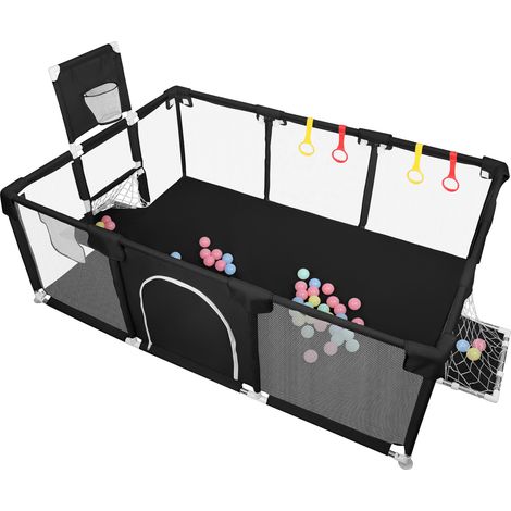 Sifree – Parc bébé sécurisé 180x120x66cm noir – Tissu oxford renforcé – Pliable et lavable – Avec 50 balles et panier de basket