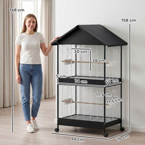 Vogelvoliere Groß Vogelkäfig mit Abnehmbar Trennwand 2 Türen 2 Holzstangen Rollen 2 Schalen 4 Futterspendern XXL (1/5)