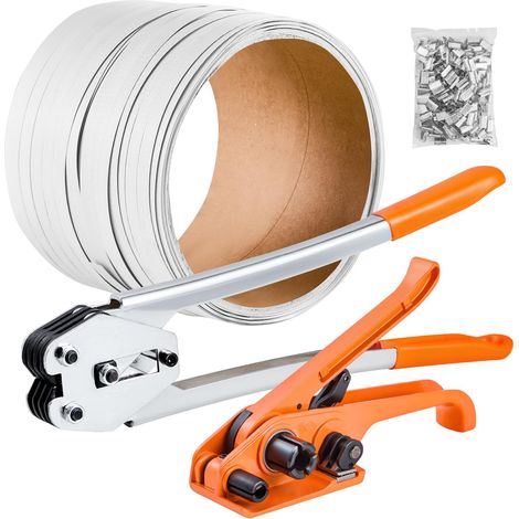 VEVOR Set di Reggiatura per Reggia in Plastica con Tenditore e Sigillatrice, Rotolo di Reggia da 100 m, Kit di Reggiatrici Manuali con 100 Sigilli Metallici, per Imballaggio, Magazzino e Trasporto (1/5)