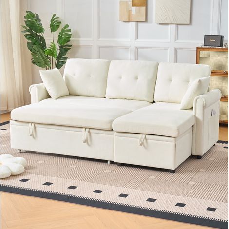 Canapé d'angle convertible avec coffre de rangement, méridienne réversible, chenille beige HAVRYA (1/5)