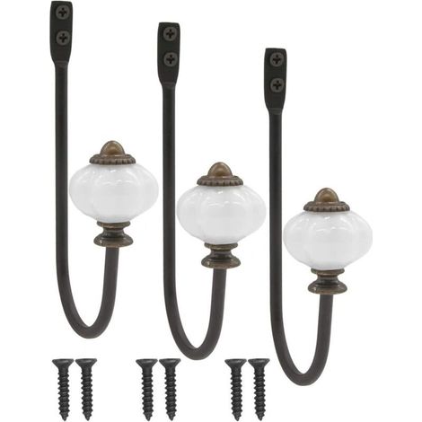 lot de 3 patère antique, patère, crochet à chapeau, crochet en fer avec tête en céramique et couronne en laiton - style campagnard vintage (1/4)