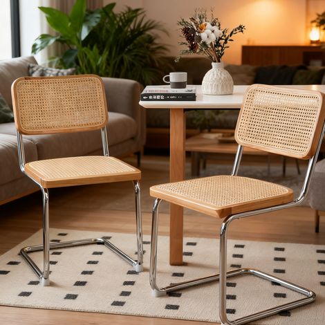 Ensemble de 2 chaises de salle à manger, chaises d'appoint en rotin velours avec pieds chromés, chaises modernes de style milieu du siècle conçues par Breuer, chaises rembourrées pour salle à manger, (1/5)