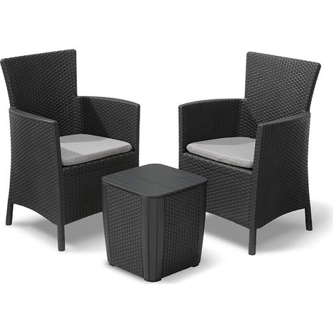 Salottino da giardino 3 pezzi con 2 poltrone e tavolino contenitore effetto rattan colore grafite Iowa Balcony Keter