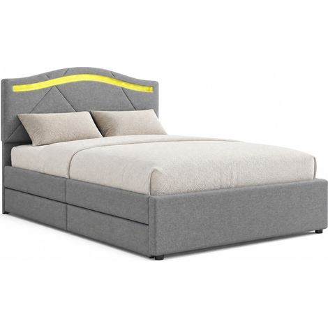 Lit rembourré 90x200 cm avec sommier à lattes, LED, 2 tiroirs et tête de lit réglable, tissu gris moderne avec rangement pratique pour chambre compacte  CHICFURN (1/5)