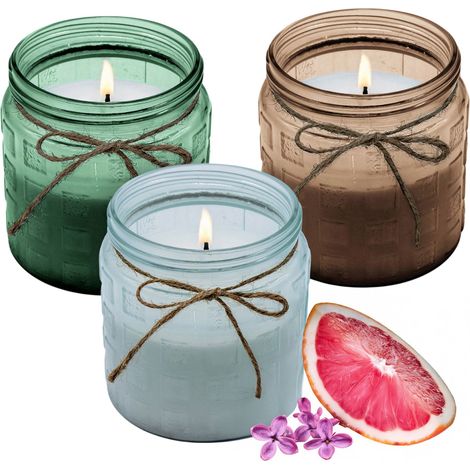 XL Duftkerze im Glas mit Flieder Grapefruit Duft - 3er Set - Aromakerze 12 x 11 cm mit 28 Stunden Brenndauer