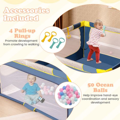 Baby Playpen 150 x 150 cm without assembly, Folding Playpen for Children with Zipper Gate Blue (1/5)