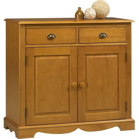 Buffet Pin Miel 2 Portes 2 Tiroirs 2 Niches Style Anglais L 101 H 90 P 42 cm (1/5)