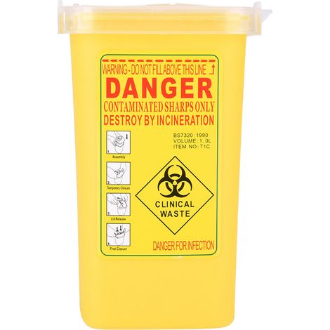 Boîte jaune 1L pour déchets d’aiguilles, conteneur médical pour objets tranchants, élimination des seringues, réservoir de sécurité biohazard. (1/5)