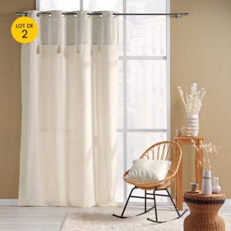 Lot de 2 rideaux a oeillets 140 x 240 cm poly-coton + haut tissé + pompon Island (1/5)