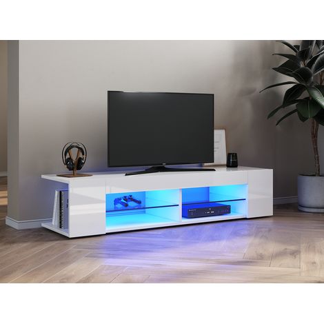 SONNI TV Board 135x39x30cm Lowboard Unterschrank Weiß Hochglanz Glasböden mit LED Beleuchtung (1/5)
