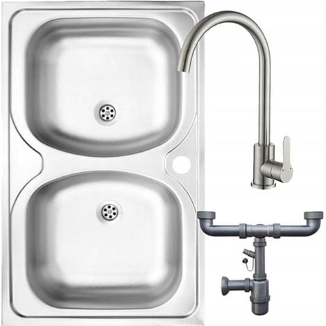 Fregadero doble de acero inoxidable de 80x50 con grifo cromado y sifón Apollo.