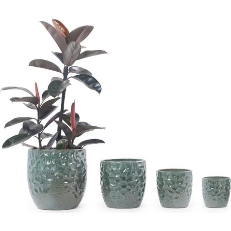 Lot de 4 pots en céramique faits main (Ø38/30/22,5/18 cm), vert foncé brillant, relief marteau, anti-gel (1/5)