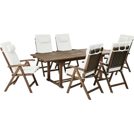Set da giardino con 6 sedie in legno di acacia marrone scuro con cuscini bianco sporco Amantea Premium