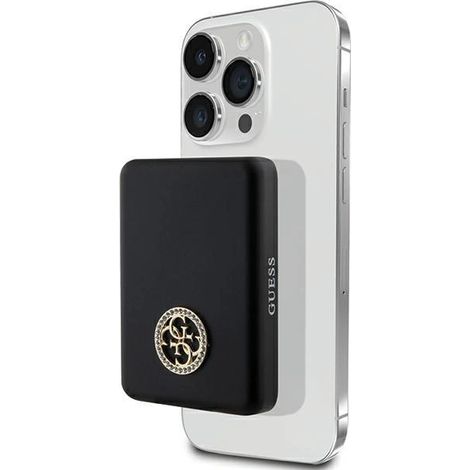 Batería externa inductiva Guess 5WGUPBM3AL4DMK de 3000 mAh, color negro/negro, MagSafe 4G, logotipo metálico con incrustaciones de diamantes de imitación. (1/5)