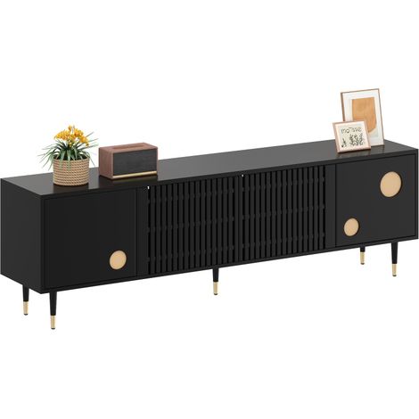 Meuble TV Noir 170 cm avec Portes à Grille, Accents Dorés et Rangement