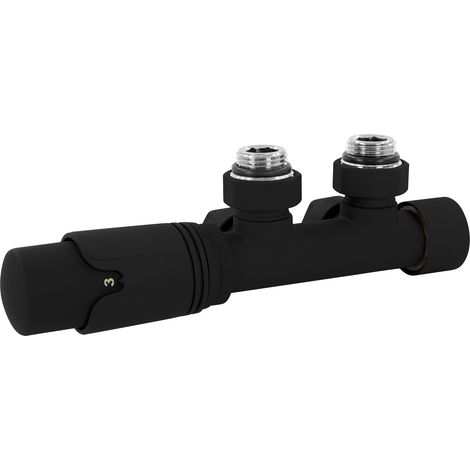 LuxeBath Ventil-Armaturen Set Multiblock Schwarz Eckform Rohre aus Wand mit Thermostatkopf für Badheizkörper Mittelanschluss Anschlussgarnitur Anschlussarmatur Hahnblock Heizkörperventil Eckausführung