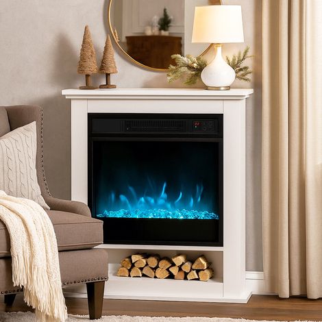 Cheminée électrique 1800W, fausse cheminée décorative, effet flamme à 9 couleurs et 5 luminosité, 62,5x20x72,5cm, blanc (1/5)
