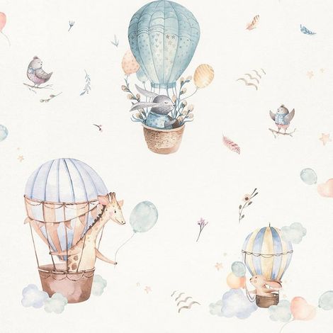 Rasch Kids Hot Air Ballon Animal Print Blue Wallpaper Textured Paste The Wall