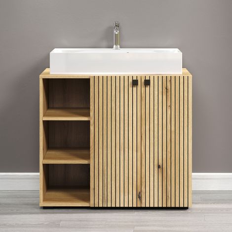 Meuble sous lavabo 3 niches 90x91 cm naturel + vasque - FRUTZ