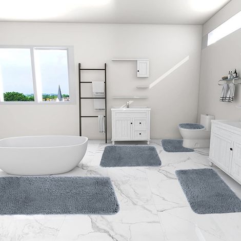 Tapis De Bain - 5 Pièces - Velours Épais Absorbant Eau - Dos Anti-dérapant En Latex - Lavable En Machine - Couleur Gris Foncé - Dimensions Variées (1/5)