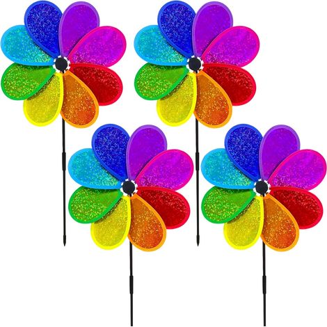 Éolienne de Jardin - Lot de 4 - Plastique et Fibre de Verre - Spinner Arc-en-ciel 30 cm - Décoration Extérieure et Répulsif Oiseaux (1/5)