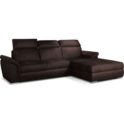 Canapé convertible d'angle droit velours chocolat têtières réglables Suzy 272cm (1/5)