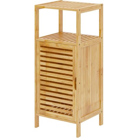 Meuble de Rangement en Bambou, Armoire de Salle de Bain avec Étagère et 1 Portes à Persiennes, pour Salle à Manger, Salon, Cuisine, 36 x 32.5 x 85 cm (1/5)